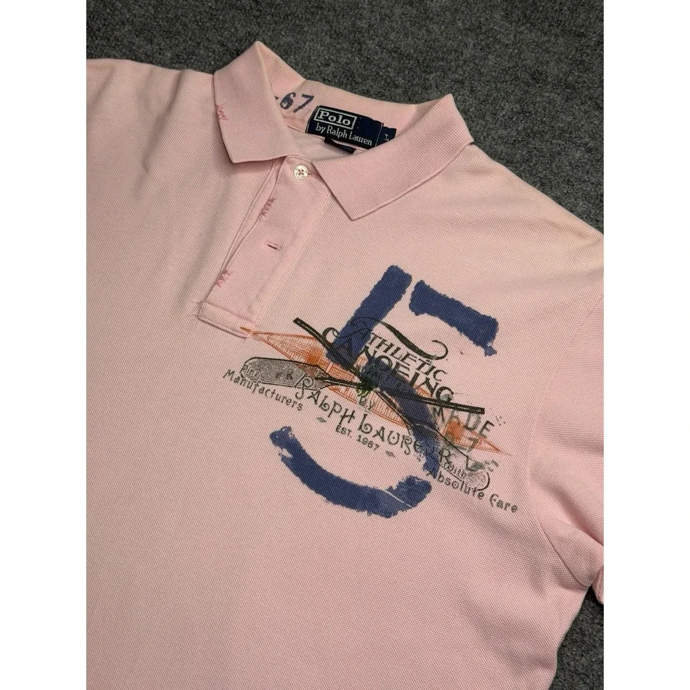 Polo Ralph Lauren Mens L Pink Athletic Canoeing Graphic Paint Splatter Polo